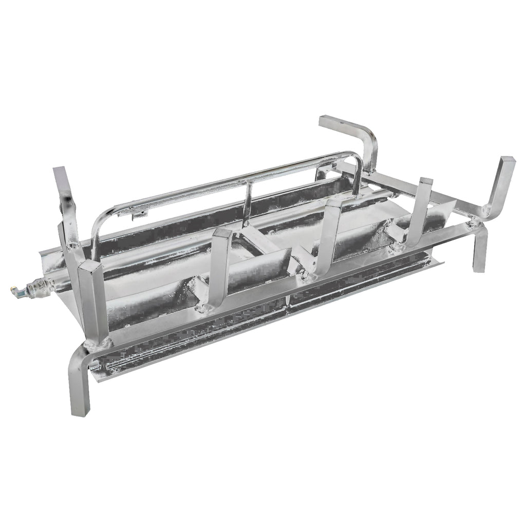 Stainless steel gas burner with vented frame and control valve fittings