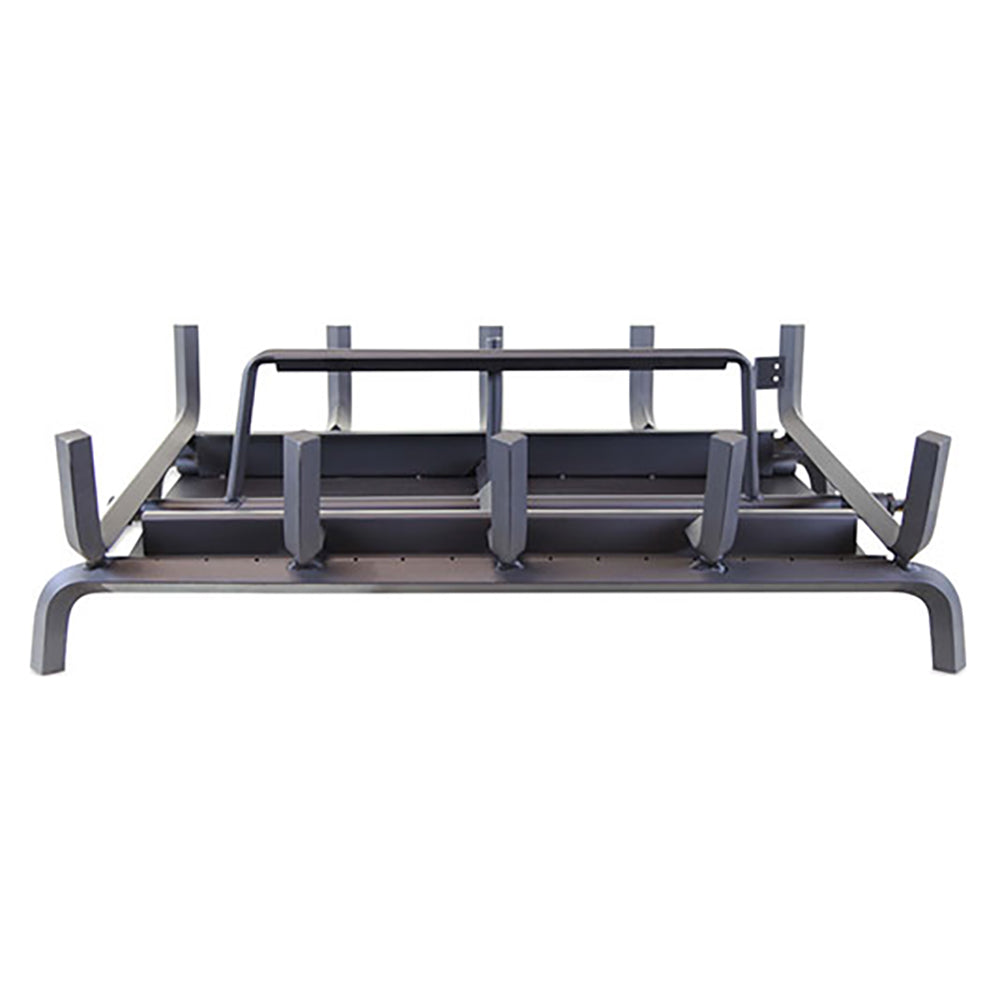 Double-sided jumbo burner system with black metal frame and support bars