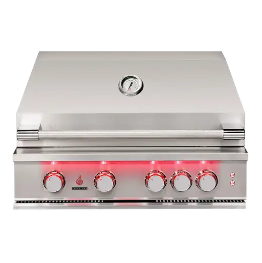Built-in stainless steel outdoor grill head on white background