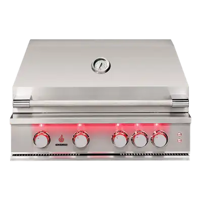 Built-in stainless steel outdoor grill head on white background