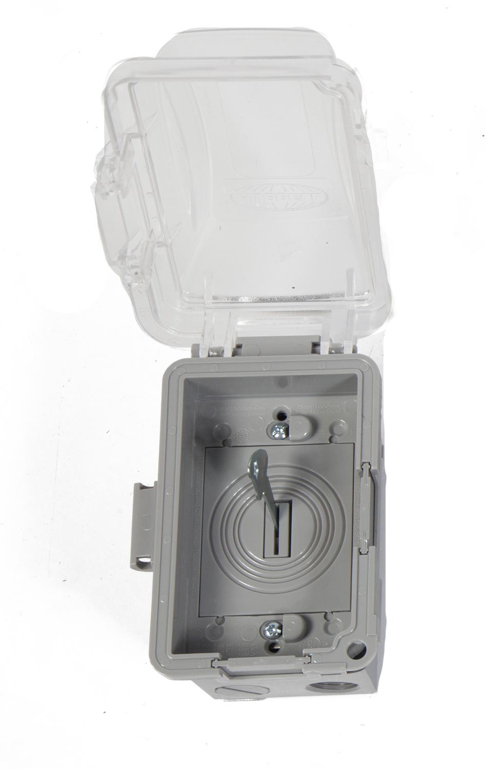Exterior single-gang keyed switch box with bubble cover, open showing wiring terminals