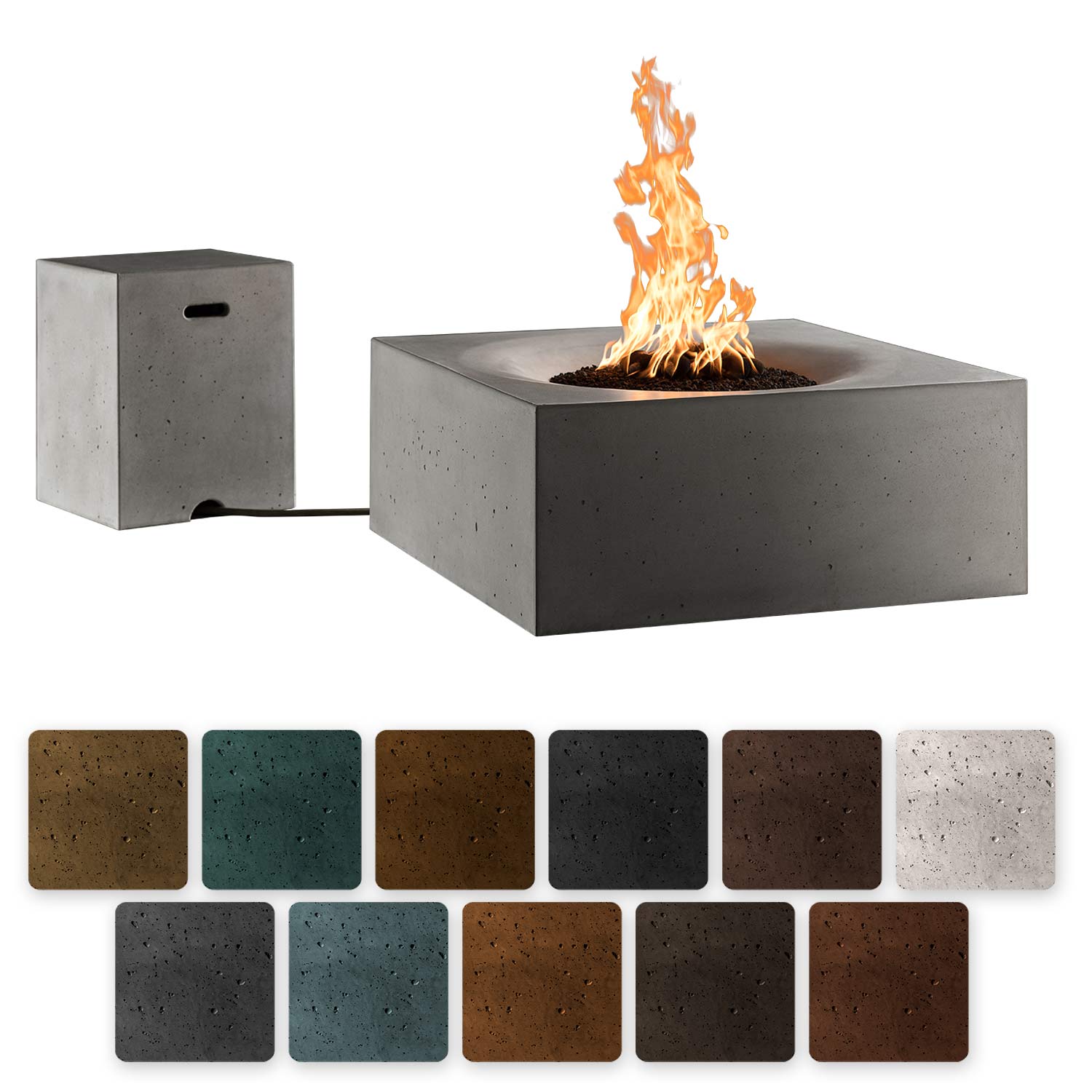 Gray square outdoor fire table with open flame and side access cabinet
