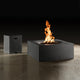 Gray square outdoor fire table with burning flame and side access cabinet