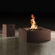 Onyx square outdoor fire table with open flame and side access cabinet, angled view