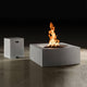 Square concrete fire table with flame, light gray finish