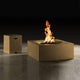Adobe square outdoor fire table with burning flame and side access cabinet