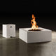 Square concrete fire table with flame, white finish