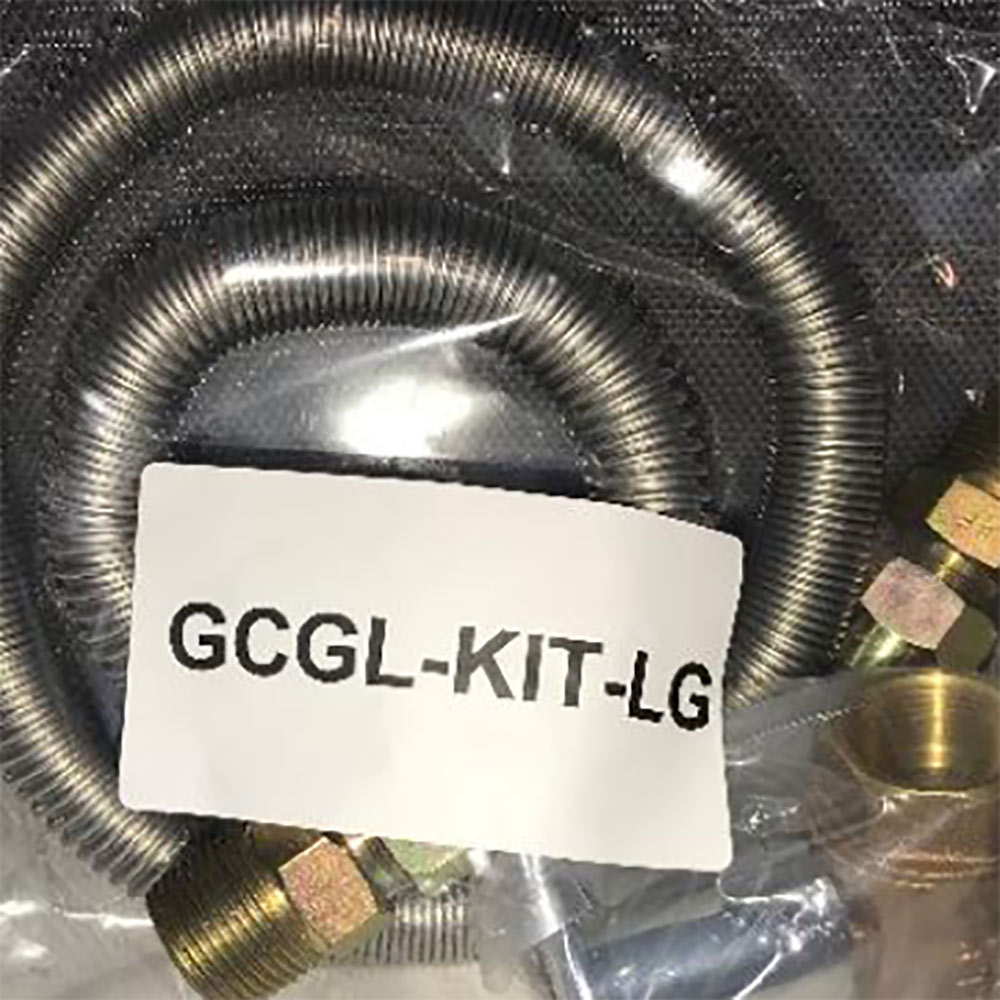 Large fire pit installation kit with coiled metal hose and brass connectors