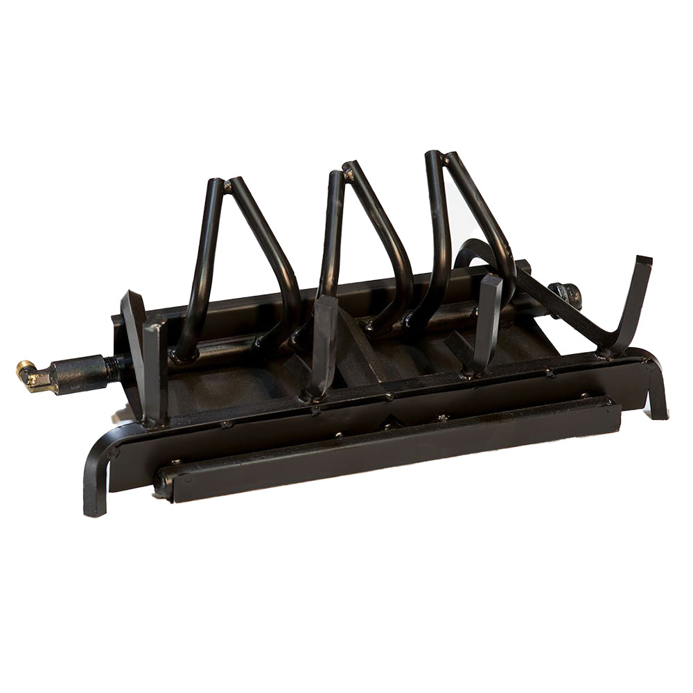 Vented gas log burner base with black metal grate and three log supports