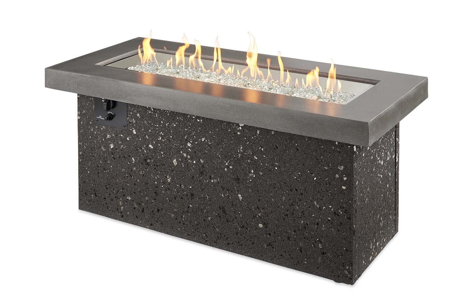 Outdoor gas fire pit with dark speckled rectangular body and flames in black firebox