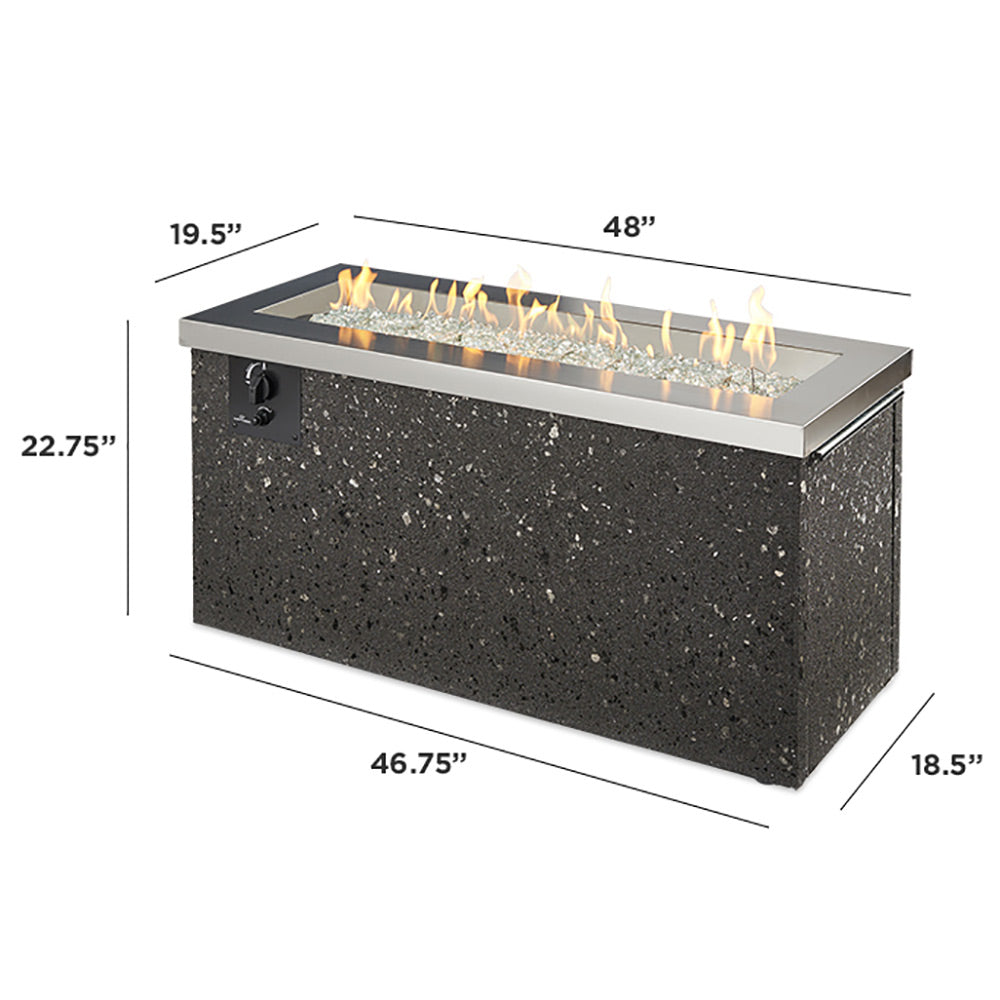 Outdoor gas fire pit with stainless top and black speckled body, 19.5 x 48 in