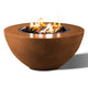 Round fire pit with rust-brown bowl and visible flames in the center burner ring