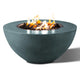Round fire pit with teal bowl and visible flames in the recessed metal burner ring