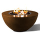 Round fire pit with brown bowl and visible flames above the metal burner ring