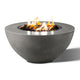Round fire pit with gray bowl and visible flames in a recessed metal burner ring