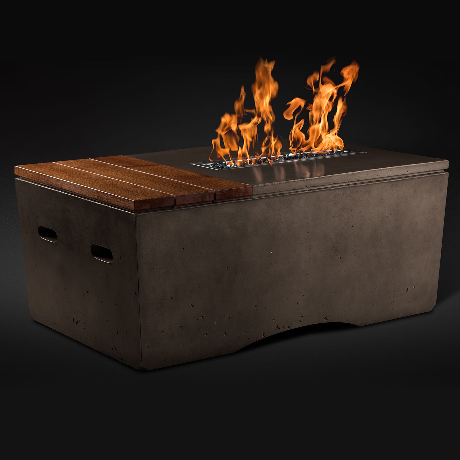 Fire pit table with flames on a black background