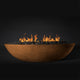 Rust brown oval fire pit with flames and lava rocks