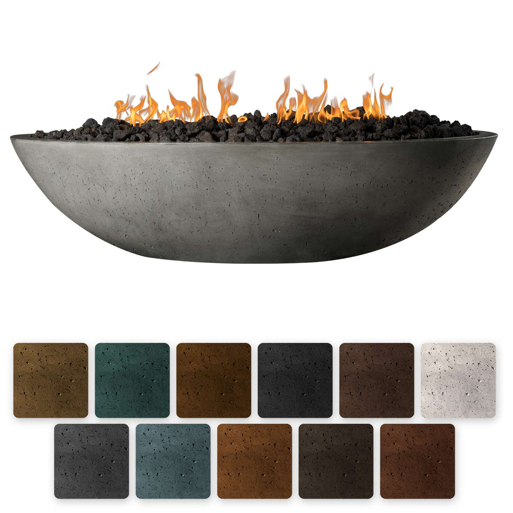 Oval fire pit bowl with burning flames and black lava rocks, with a concrete-gray finish