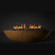 Oval fire pit bowl with flames and black lava rocks, bronze-brown metal exterior