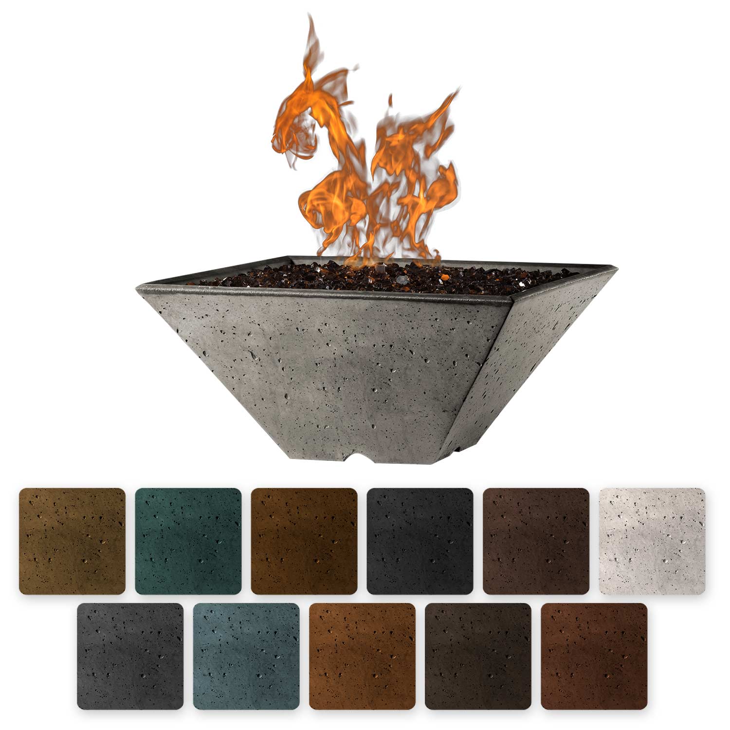 Square fire pit with burning flames and speckled dark gray bowl