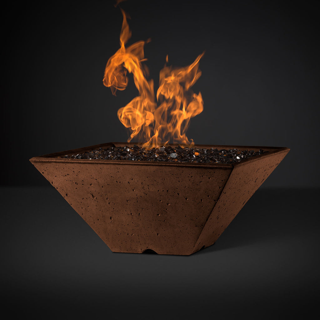 Square fire pit with burning flames in speckled rust-brown finish