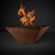 Square fire pit with flames, warm brown speckled finish
