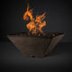 Square gas fire pit with flames in dark brown stone finish