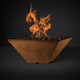 Square gas fire pit with flames in dark tan stone finish