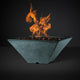 Square gas fire pit with burning flames, blue-green stone-look bowl and ember bed