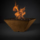 Square gas fire pit with burning flames, dark stone-look bowl and ember bed