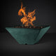 Square gas fire pit with burning flames, teal stone-look bowl and ember bed