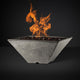 Light gray speckled square fire pit with flames rising from the burner pan