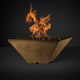 Tan speckled square fire pit with flames and black lava rocks in a square bowl