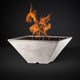 Square gas fire pit with burning flames, white stone-look bowl and ember bed