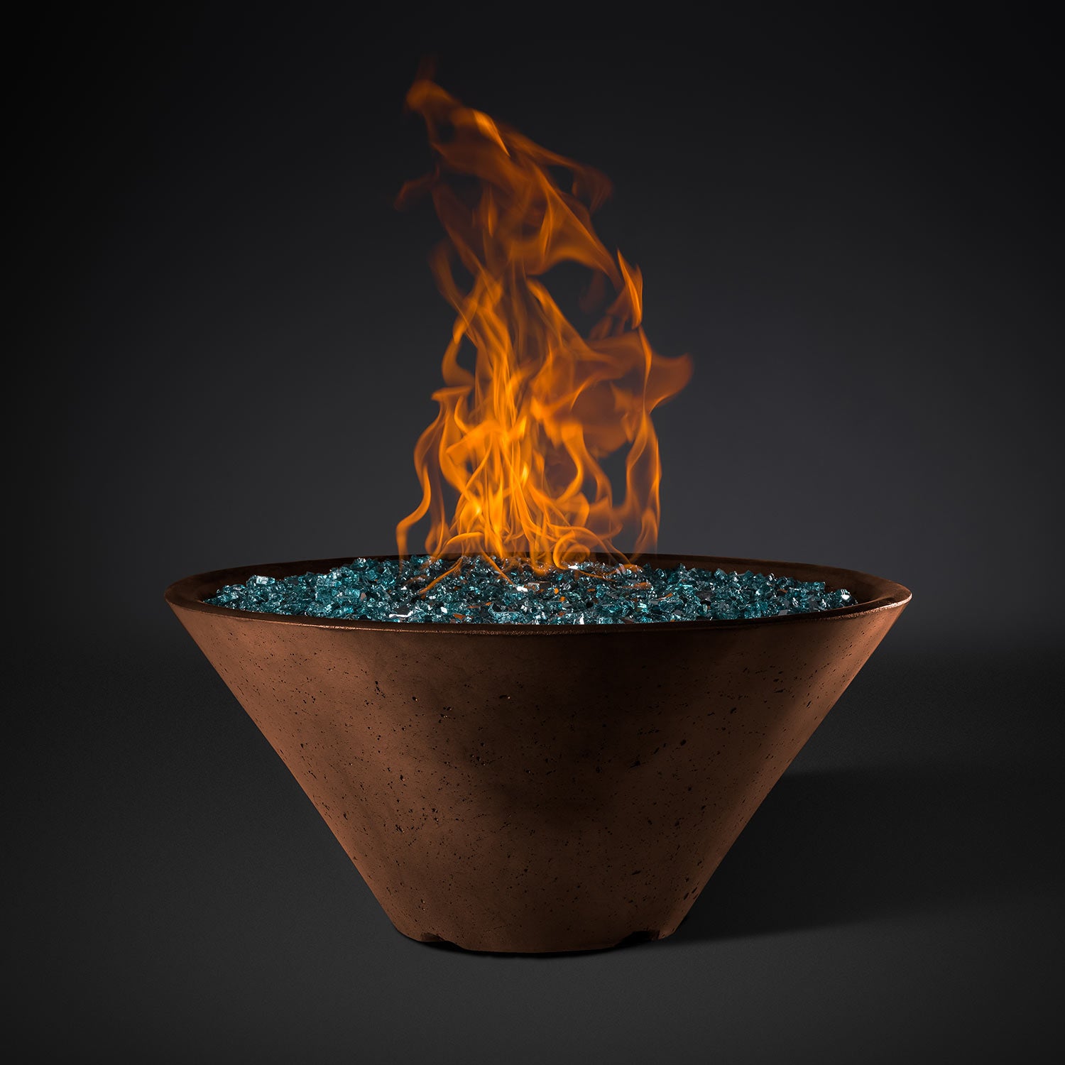 Round fire pit bowl with flames and blue-green fire bed, brown exterior finish