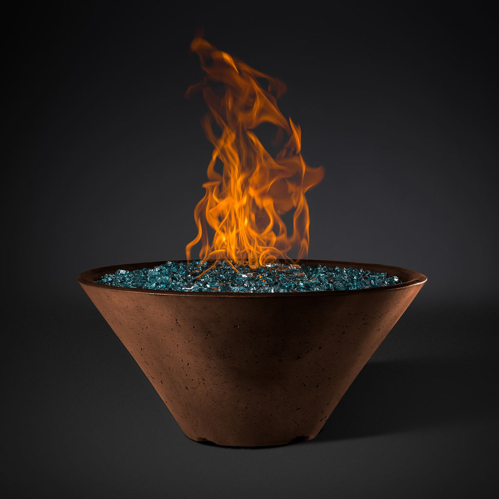 Conical fire pit in dark bronze finish with orange flames and blue-green fire glass