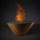 Round fire pit bowl with orange flames and blue glass burner, bronze finish