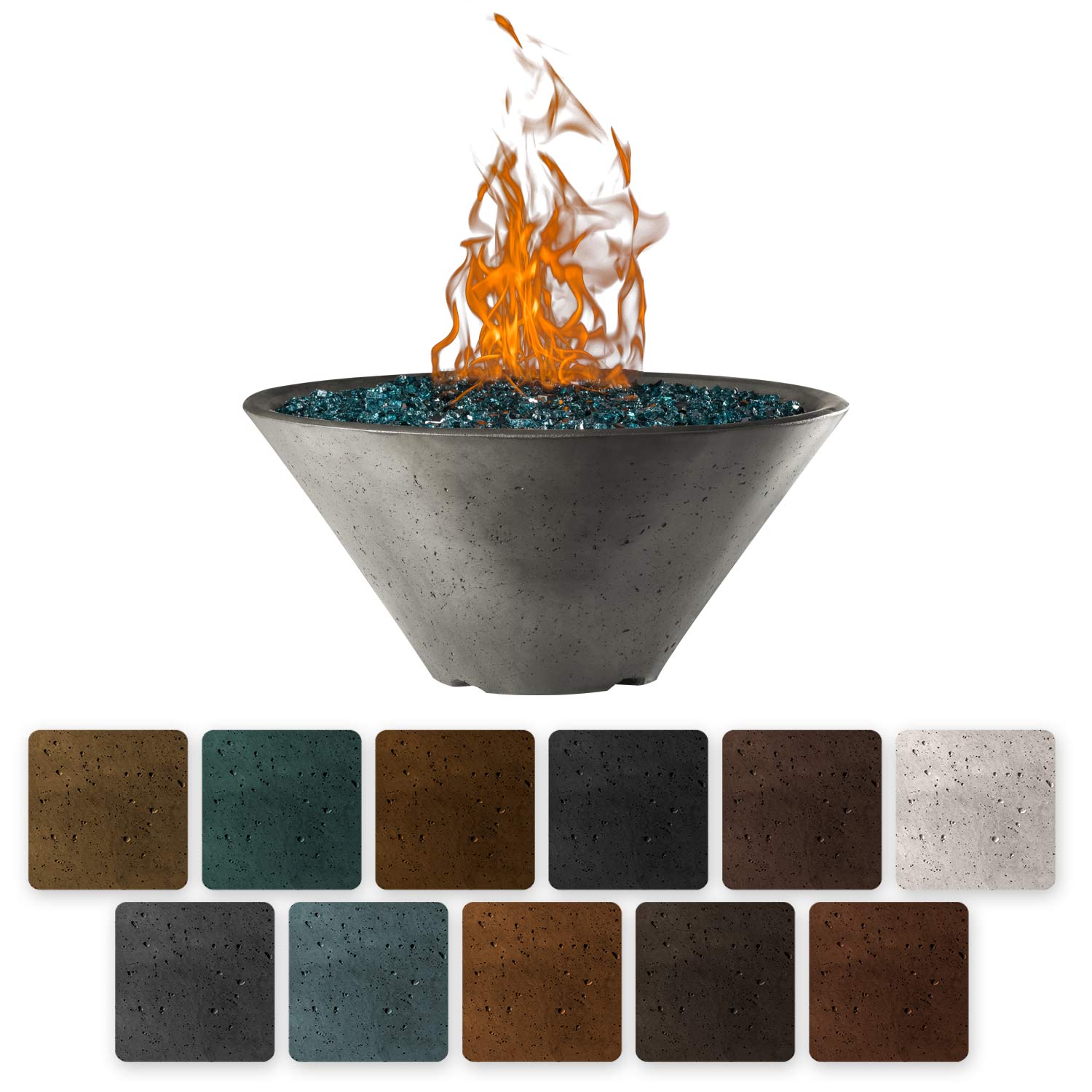 Round fire pit bowl with flames and dark glass-like fire bed, gray finish