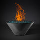 Round fire pit bowl with flames and blue-green fire bed, dark gray exterior finish