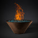 Round fire pit bowl with flames and blue-green fire bed, dark brown exterior finish