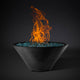 Round fire pit bowl with flames and blue-green fire bed, dark gray exterior finish