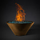 Round fire pit bowl with blue fire glass and orange flames, dark brown finish