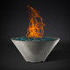 Round fire pit bowl with blue fire glass and orange flames, light gray finish