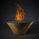 Round fire pit bowl with flames and blue-green fire bed, tan exterior finish