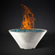 Round fire pit bowl with orange flames, white finish, blue glass burner