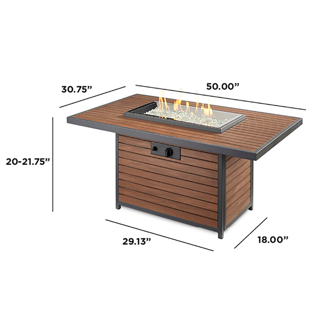 Gas fire pit table diagram with labeled dimensions and rectangular burner opening