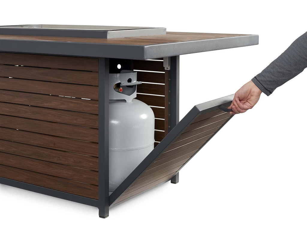 Gas fire pit table base with side access panel and propane tank connection