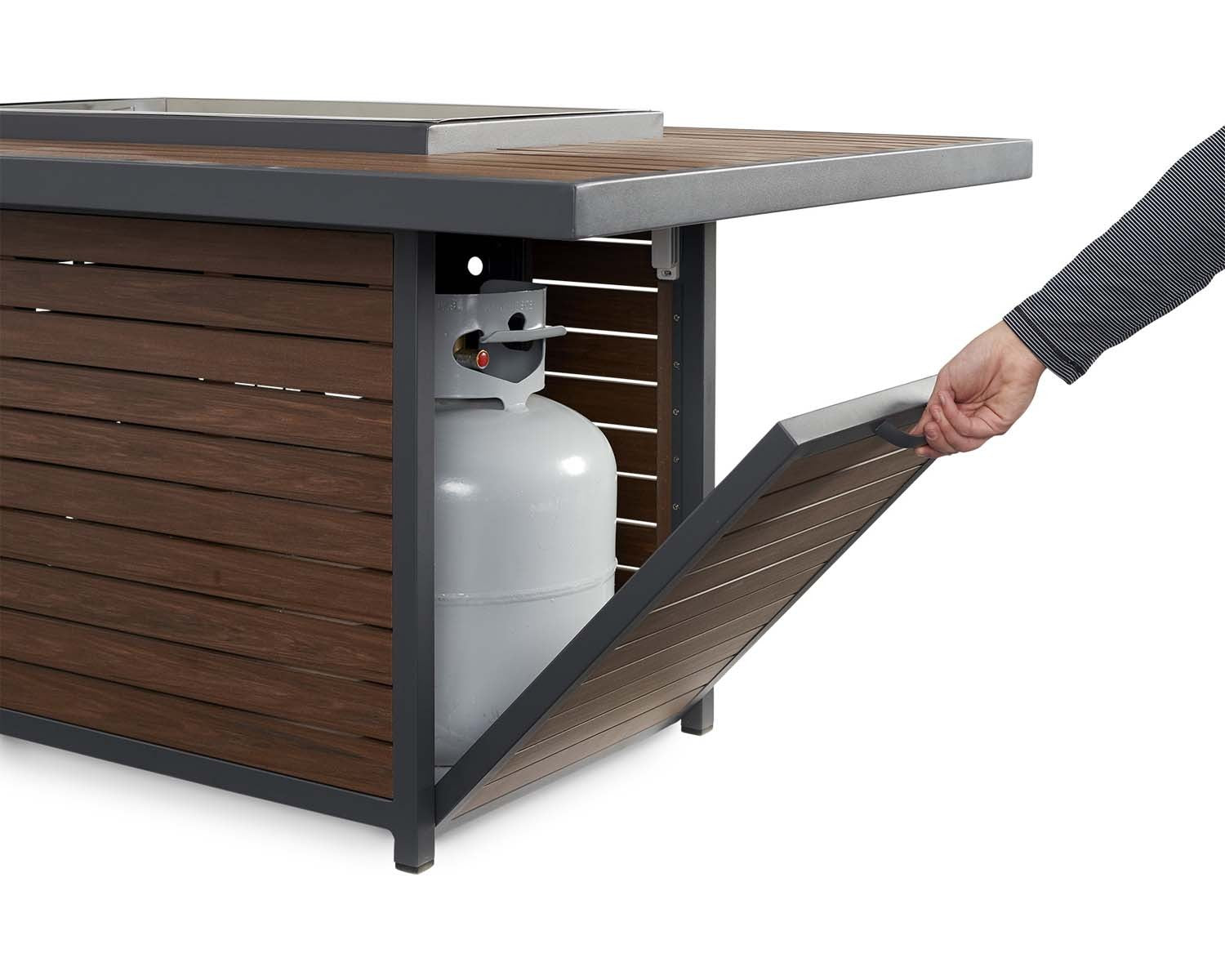 Gas fire pit table base with side access panel and propane tank connection