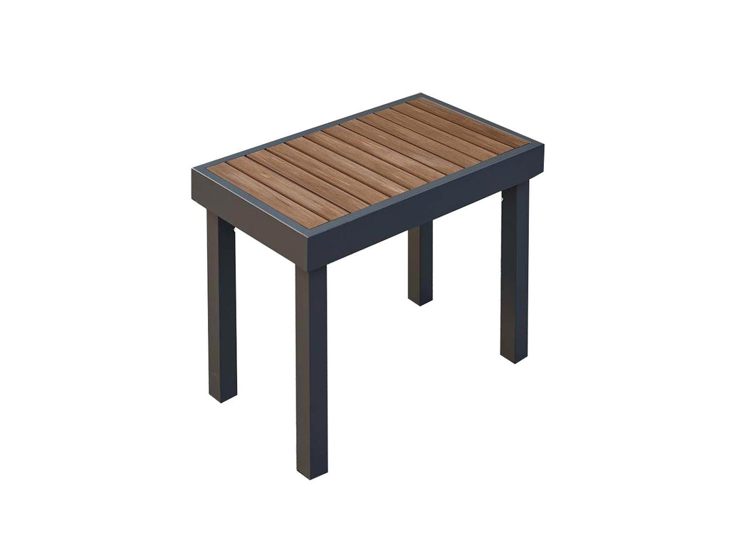 Outdoor patio bench with slatted wood top and dark metal legs
