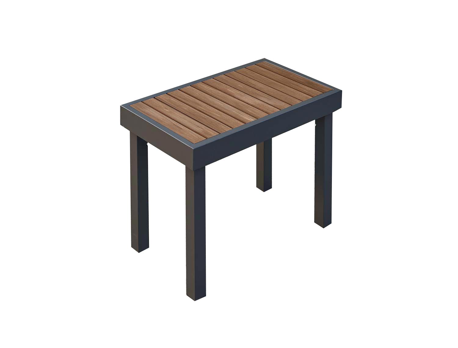 Outdoor patio bench with slatted wood top and dark metal legs